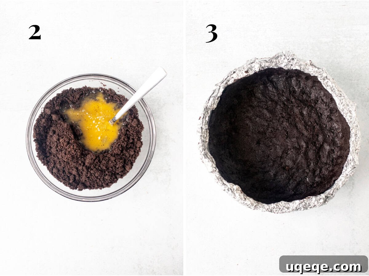 Oreo Cookie Crust Preparation A bowl of finely crushed Oreo cookies mixed with melted butter, alongside an unbaked Oreo cookie crust pressed into a foil-wrapped springform pan.