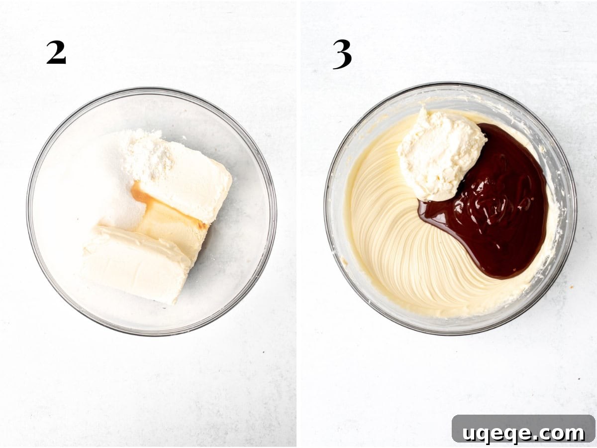 Cheesecake Filling Stages The progression of cheesecake batter: one bowl shows cream cheese, sugar, and cornstarch, while the next shows these ingredients blended with melted chocolate and sour cream.