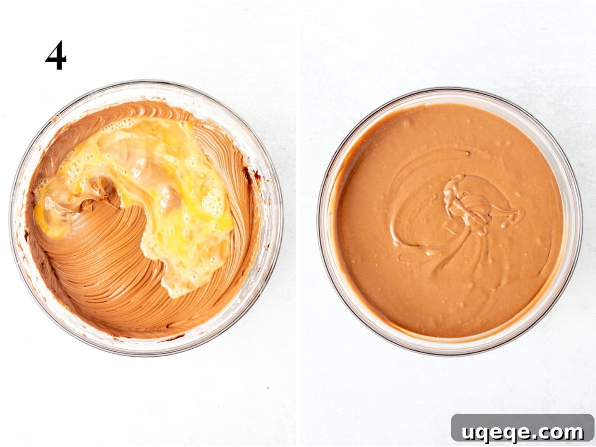 Mixing Eggs into Cheesecake Batter A bowl of smooth chocolate cheesecake batter with whisked eggs being carefully folded in, and another image of the perfectly mixed chocolate cheesecake batter.