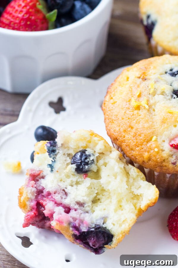 Summer Berry Burst Muffins 6 Triple Berry Muffins. Moist, fluffy, buttery & bursting with berries - make them with fresh or frozen fruit - they're always a hit! www.justsotasty.com