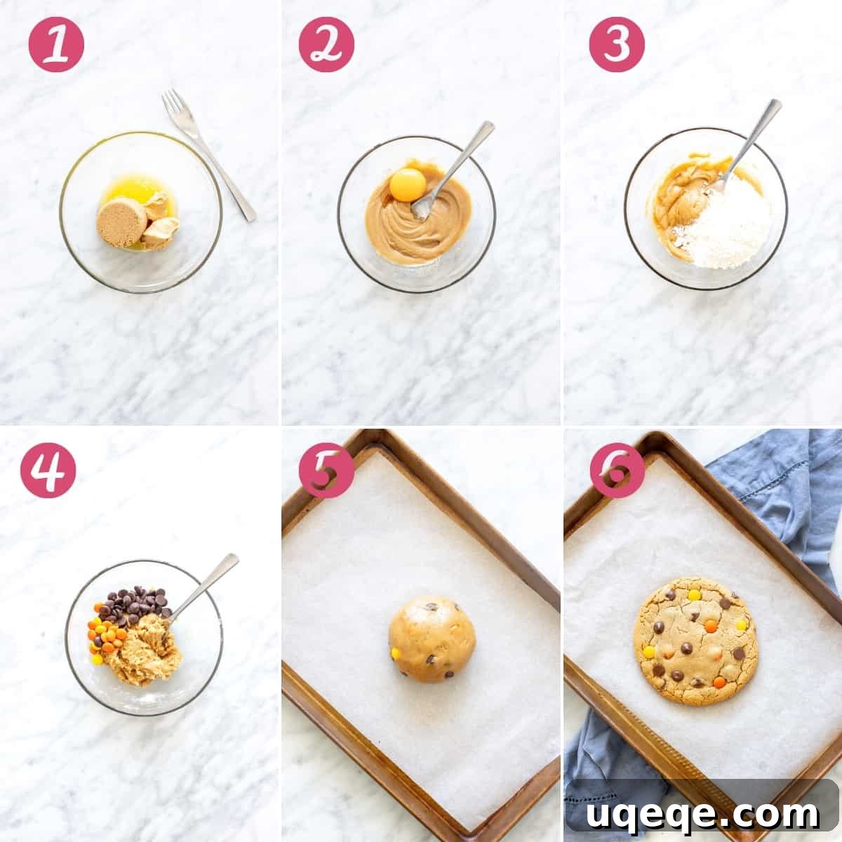 Easy Solo Peanut Butter Cookie 4 A series of six step-by-step images illustrating the process of making a single-serving peanut butter cookie, from combining wet ingredients and adding egg yolk to mixing in flour and chocolate chips, forming the dough, and finally showing the baked cookie on a tray.