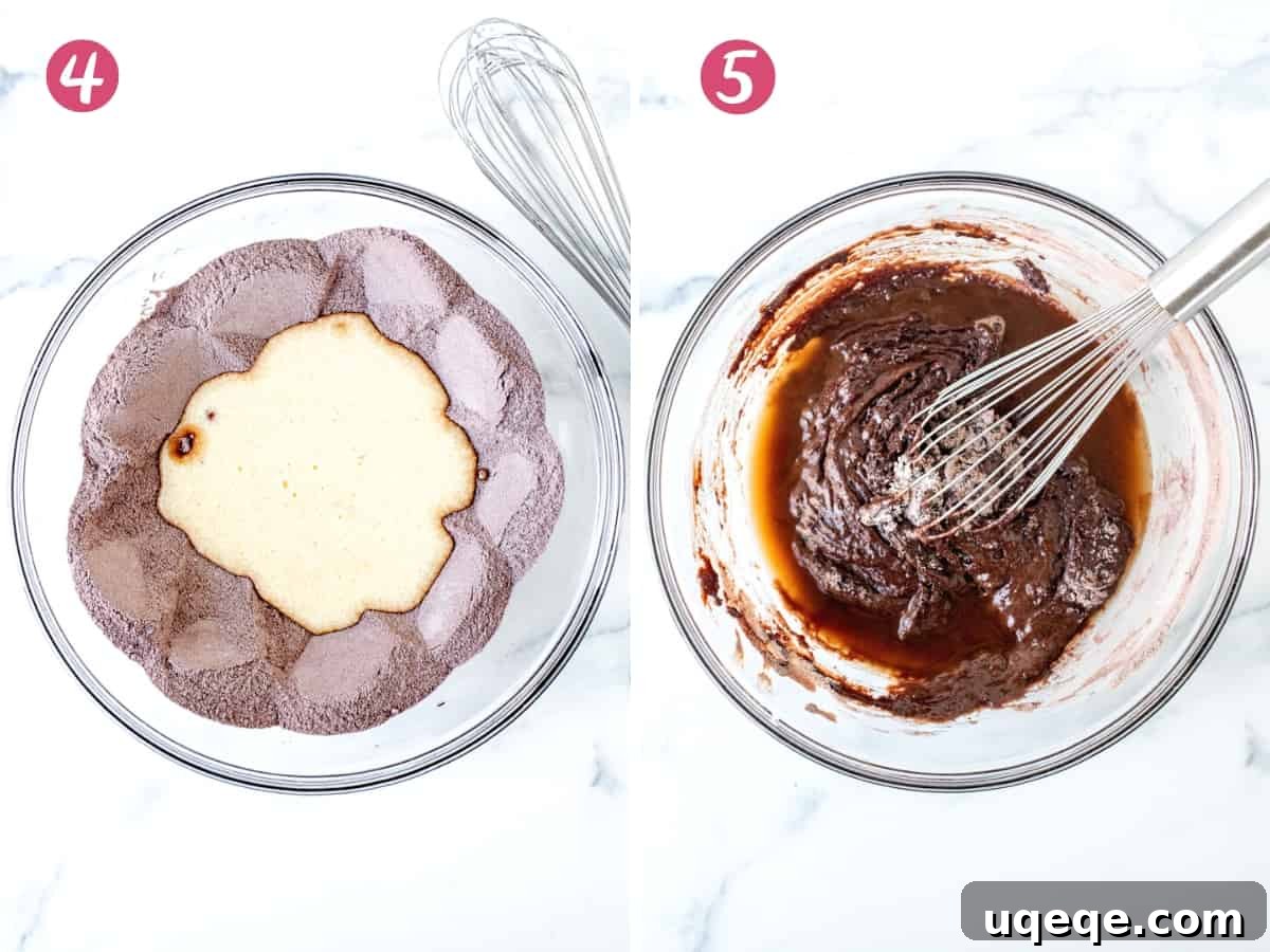 Pure Double Chocolate Indulgence 4 Mixing wet ingredients into dry, then the final smooth chocolate cupcake batter