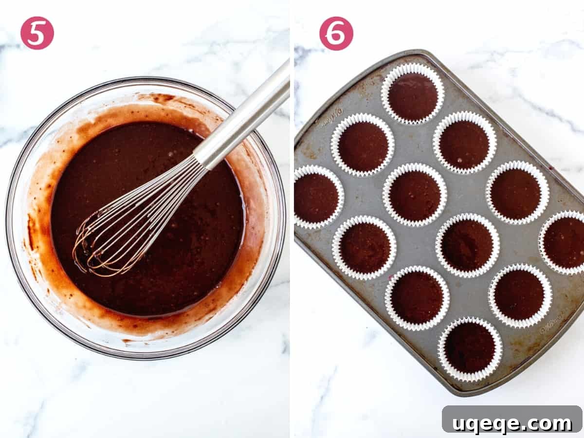 Pure Double Chocolate Indulgence 5 Chocolate cupcake batter in a bowl and in a lined muffin pan, ready for baking