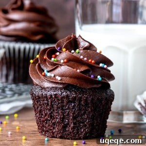 Pure Double Chocolate Indulgence 7 Chocolate cupcake with paper removed beside glass of milk