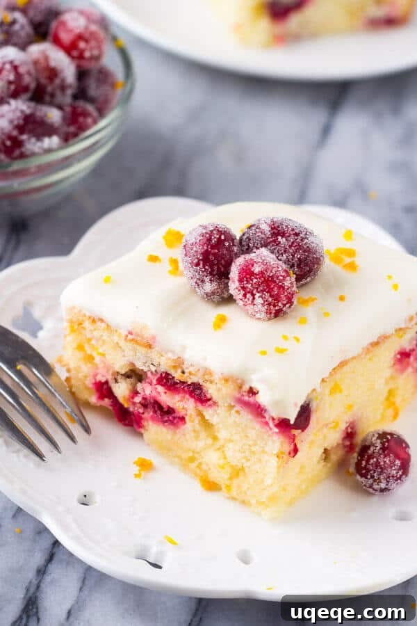 A beautifully decorated Cranberry Orange Cake with Cream Cheese Frosting, adorned with sugared cranberries and orange zest, ready for holiday festivities.