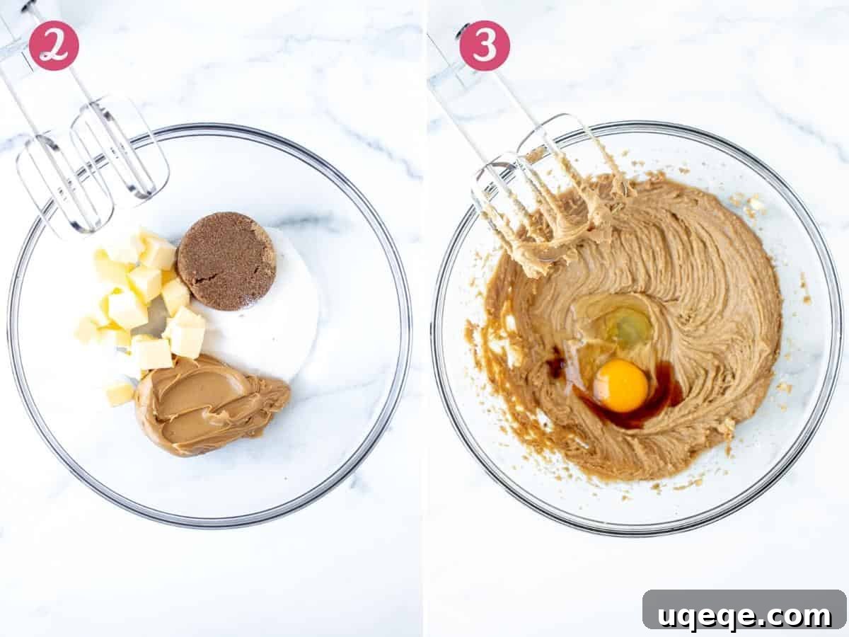 Ultimate Soft & Chewy Monster Cookies 3 Bowl of butter, sugars and peanut butter, and bowl of ingredients mixed together with egg and vanilla extract added.