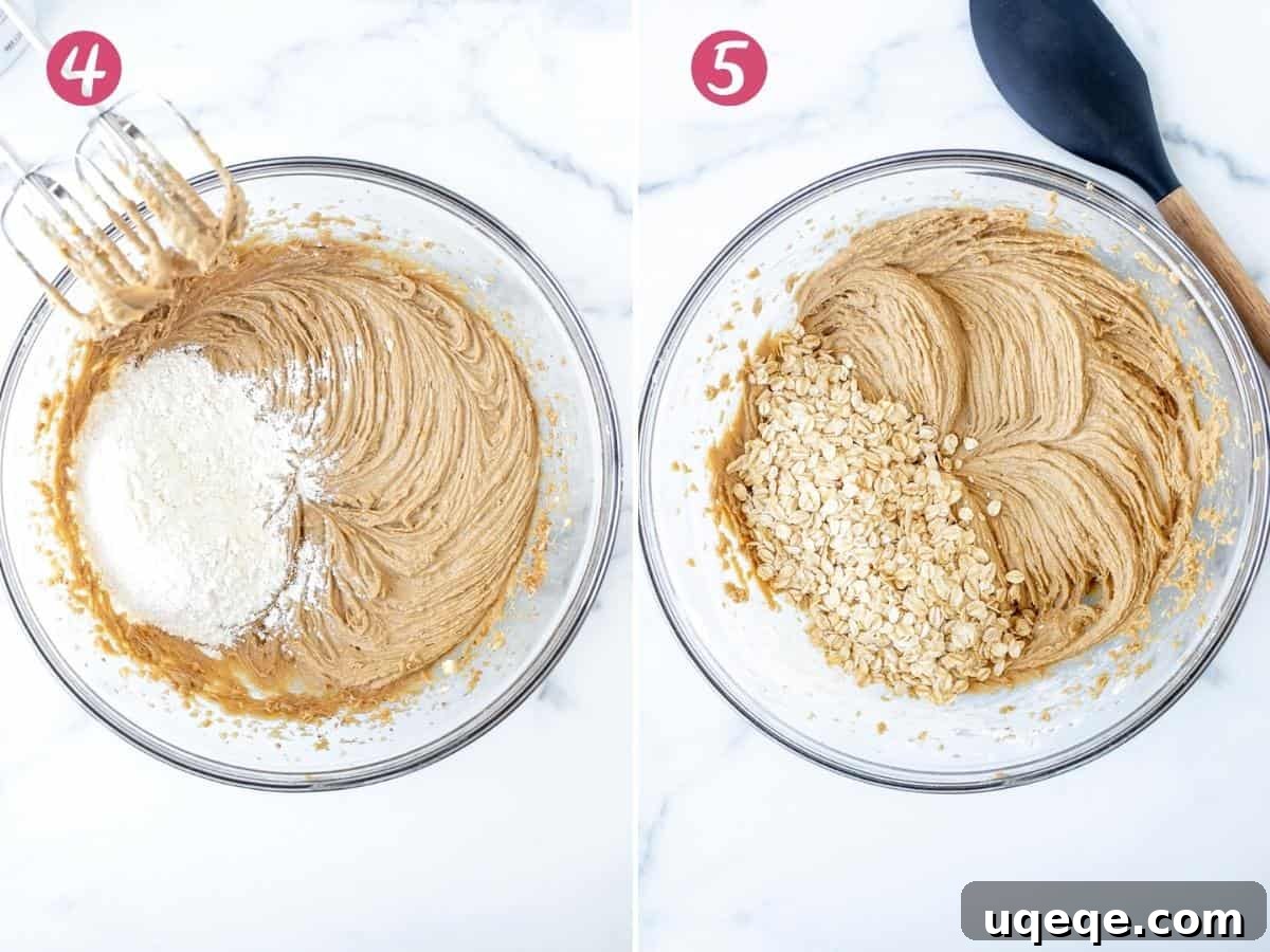 Ultimate Soft & Chewy Monster Cookies 4 Bowl of cookie dough with flour added and bowl of cookie dough after oats are added.