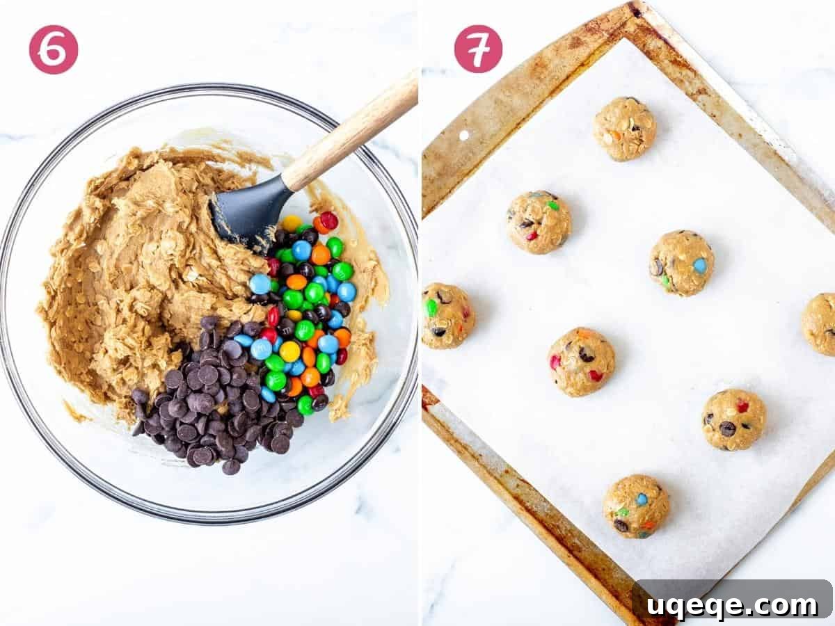 Ultimate Soft & Chewy Monster Cookies 5 Bowl of monster cookie dough and cookie dough balls on a lined cookie sheet