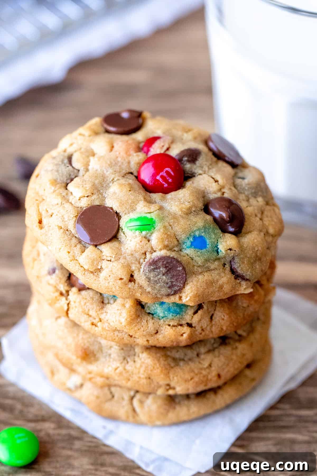 Ultimate Soft & Chewy Monster Cookies 6 Stack of peanut butter M&M cookies with glass of milk
