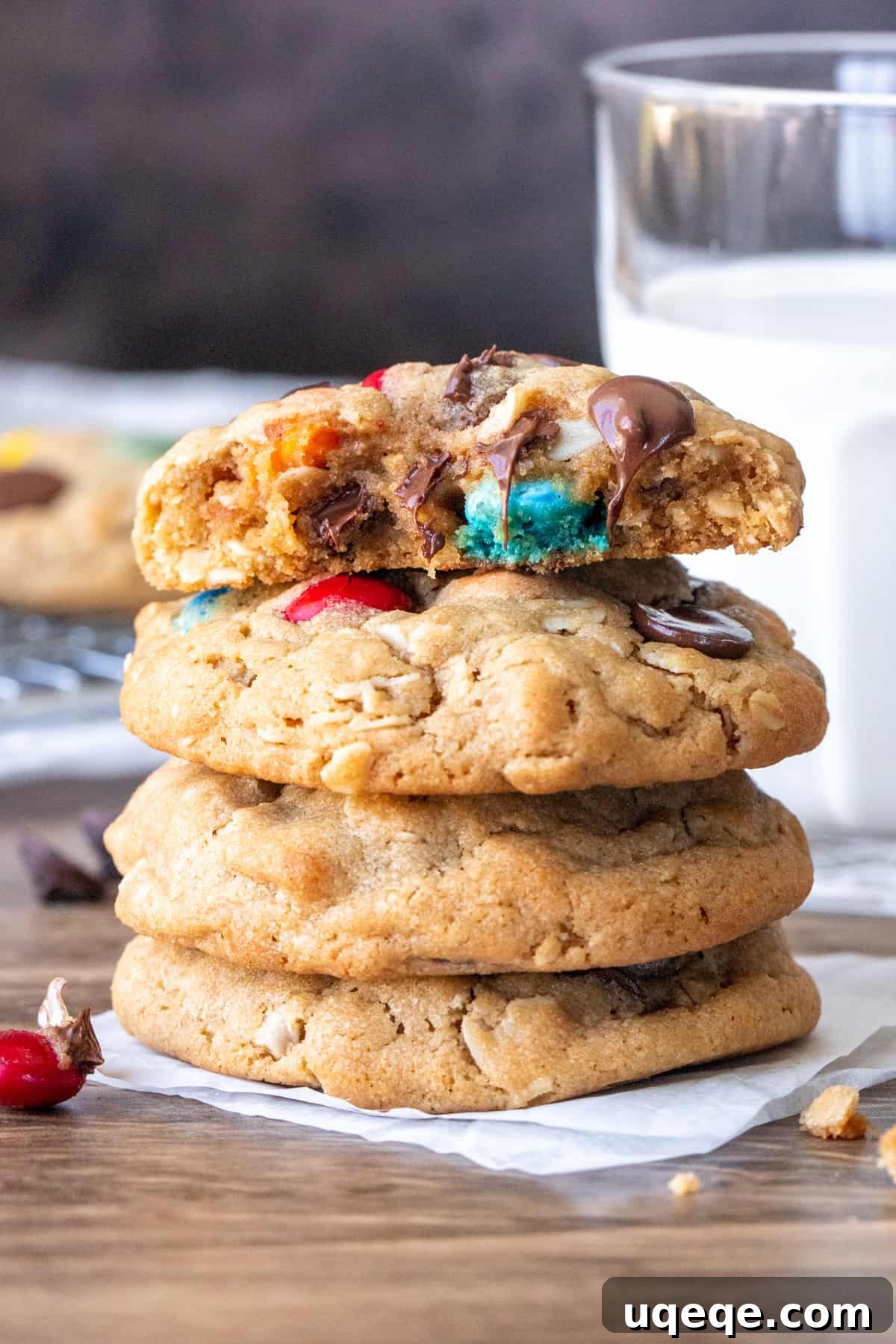 Ultimate Soft & Chewy Monster Cookies 7 Stack of monster cookies with top cookie broken in half