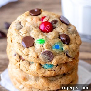 Ultimate Soft & Chewy Monster Cookies 8 Stack of peanut butter M&M cookies with glass of milk