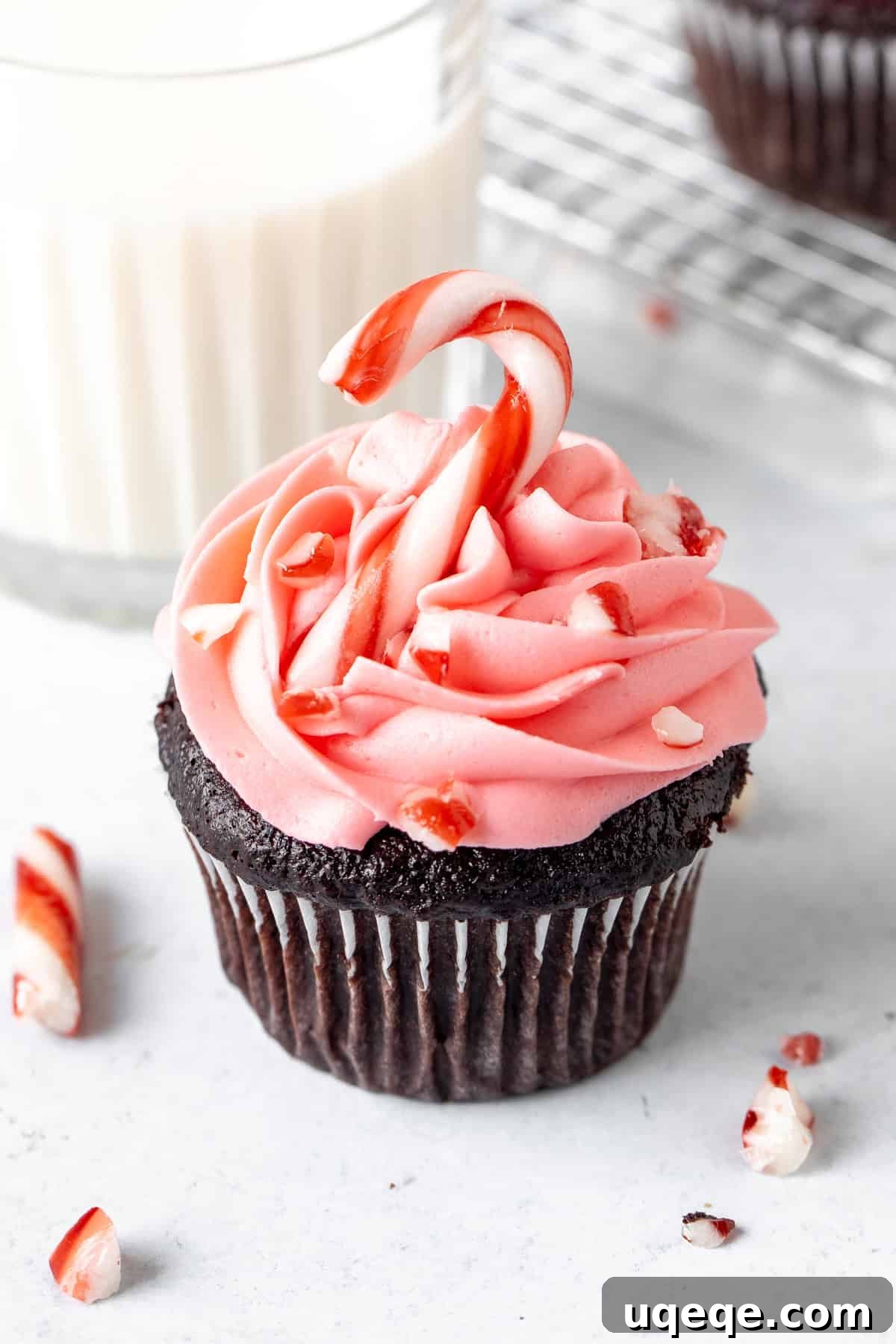 Crimson Cane Cocoa Delights 4 A single chocolate candy cane cupcake, beautifully decorated with pink peppermint frosting and a miniature candy cane.