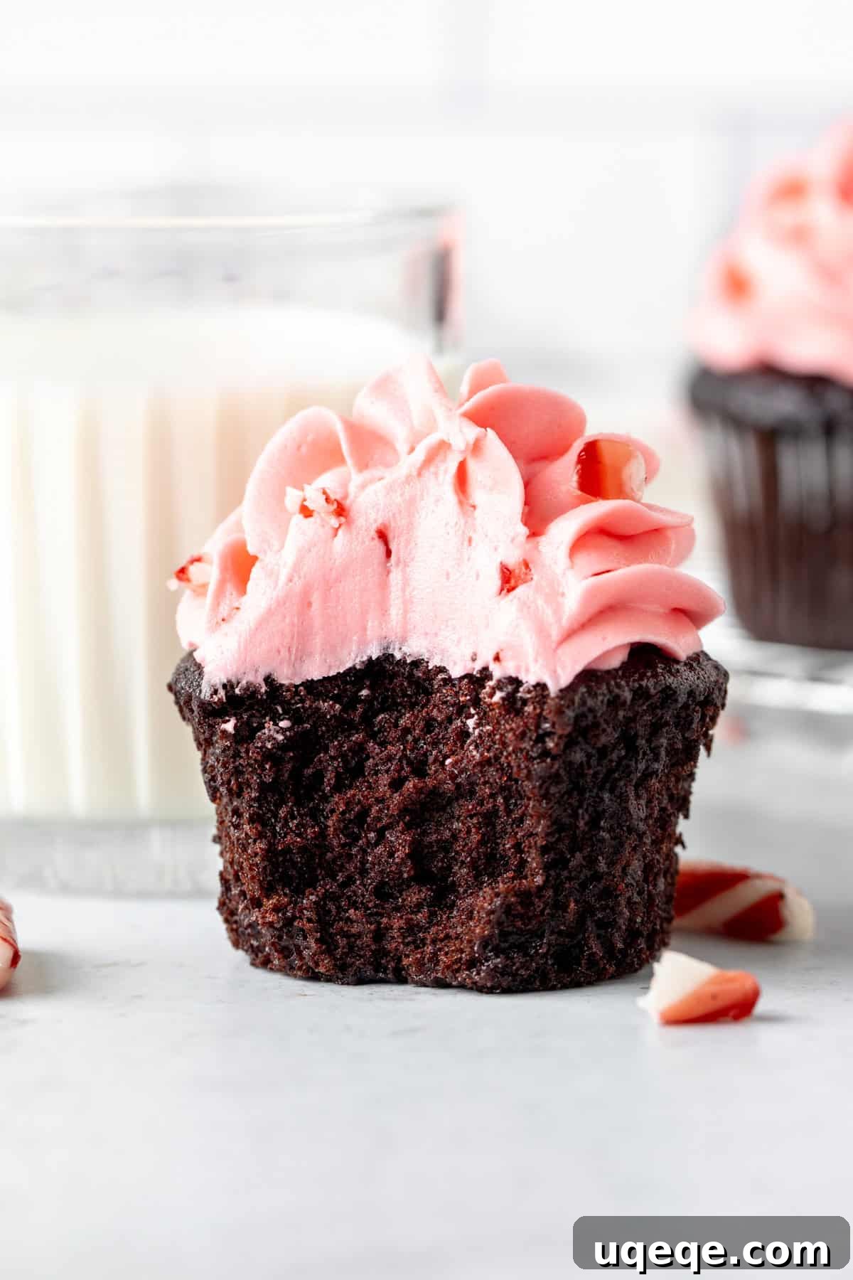 Crimson Cane Cocoa Delights 5 A peppermint chocolate cupcake with a bite taken out, paired with a refreshing glass of milk.