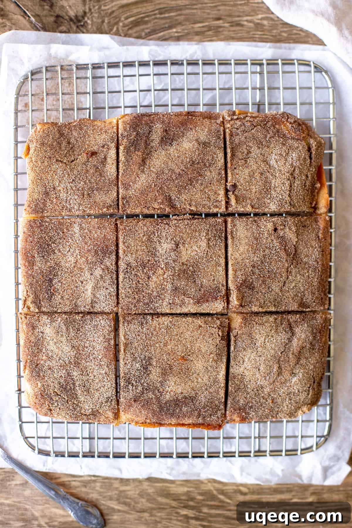 Cinnamon-Kissed Chewy Snickerdoodle Bars 3 Nine freshly baked snickerdoodle cookie bars cooling on a wire rack, showcasing their golden-brown edges and abundant cinnamon sugar