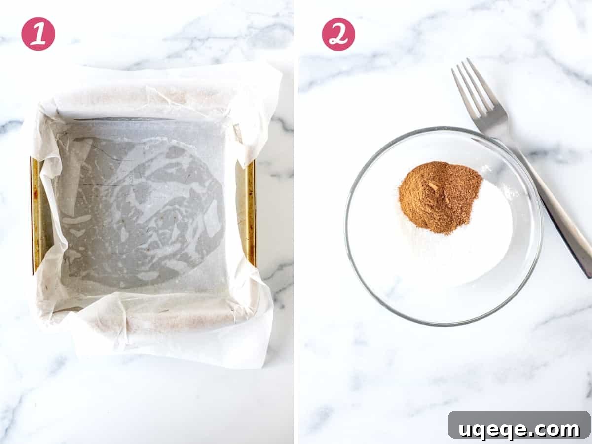 A small bowl containing the cinnamon sugar topping ingredients alongside a parchment-lined baking pan, ready for baking.