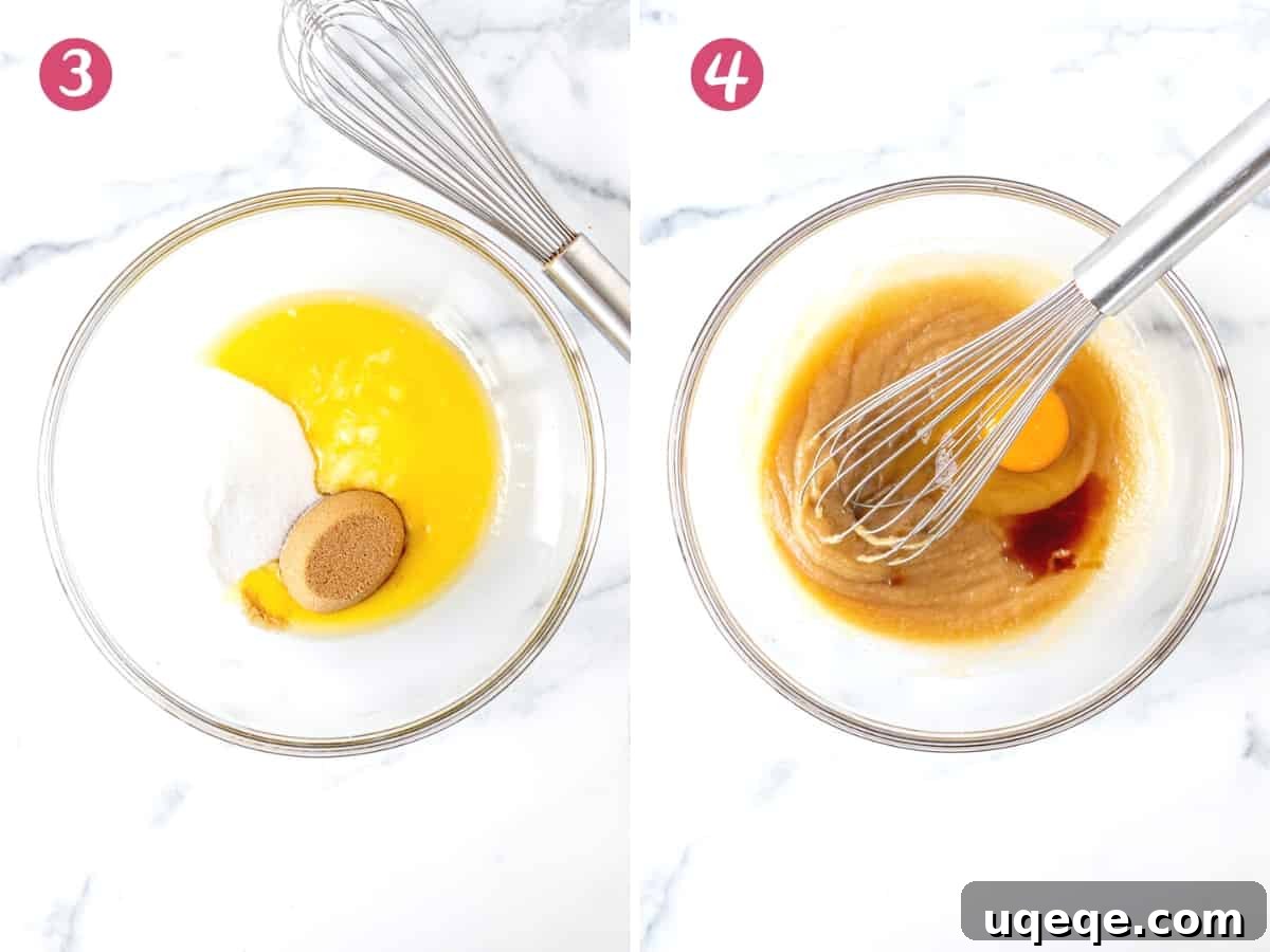 Two bowls side-by-side: one shows melted butter and sugars, the other shows the mixture after egg and vanilla have been whisked in, appearing smooth and homogenous.