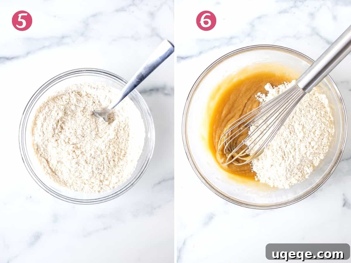 Two bowls: one with white dry ingredients (flour, cornstarch, cream of tartar, salt), and the other showing the wet mixture after dry ingredients have been folded in, forming a thick dough.