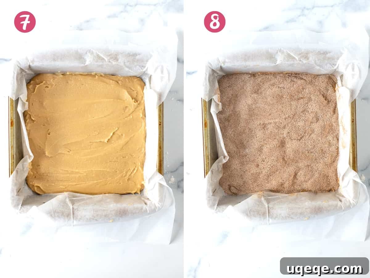 Two baking pans: one filled with raw cookie dough, and the other with the same dough after being generously sprinkled with cinnamon sugar.