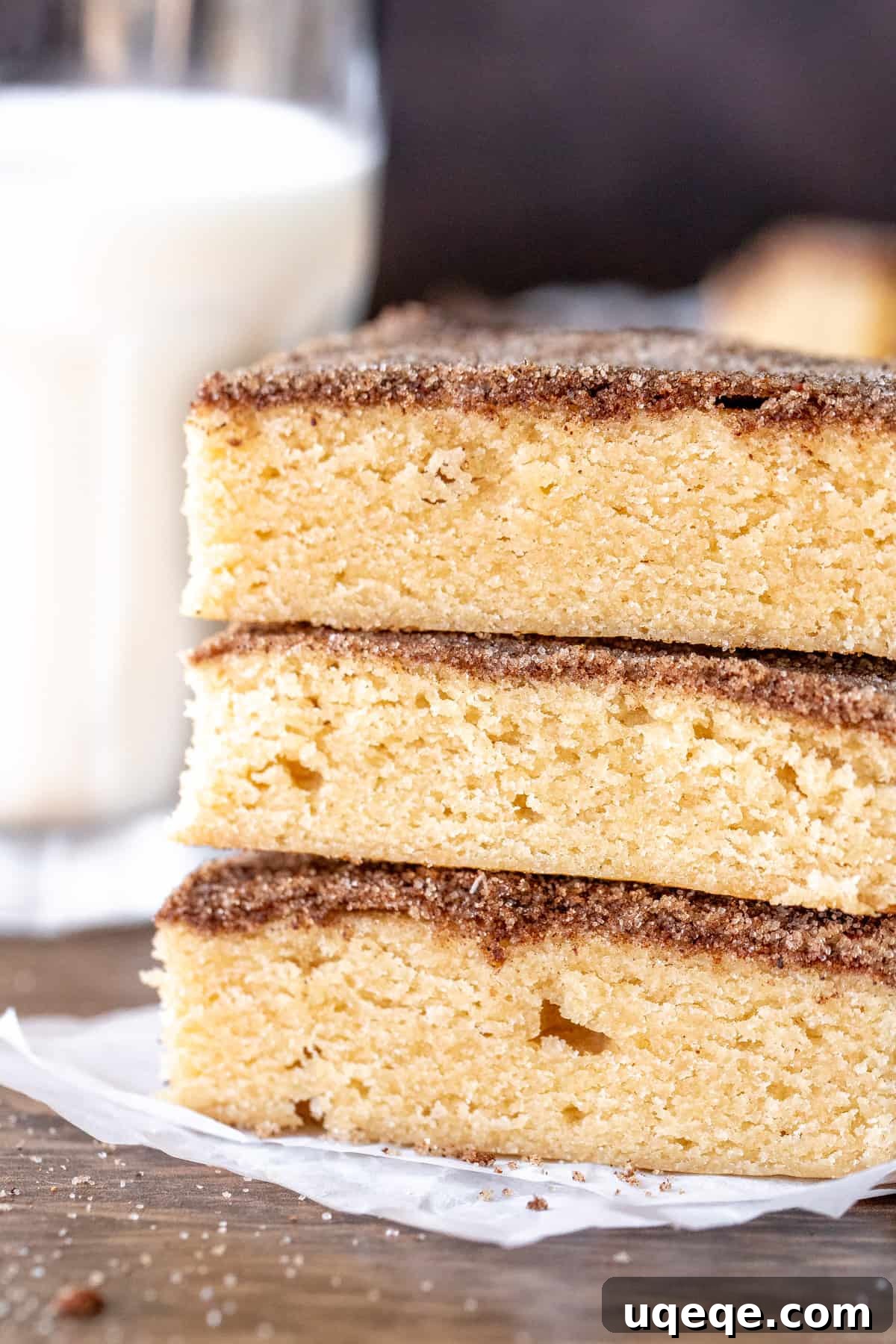 Cinnamon-Kissed Chewy Snickerdoodle Bars 8 Three perfectly baked snickerdoodle cookie bars, generously topped with cinnamon sugar, stacked on top of each other, highlighting their thick and chewy texture.