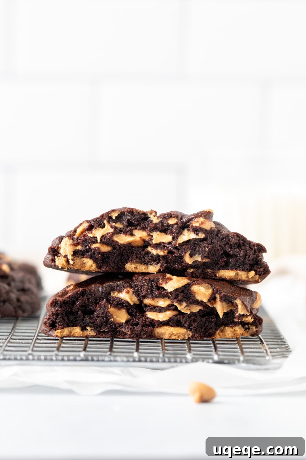Peanut Butter Dark Chocolate Chip Delights 3 A freshly baked dark chocolate peanut butter chip cookie, perfectly broken in half to reveal its warm, fudgy, and gooey center filled with melted peanut butter chips.
