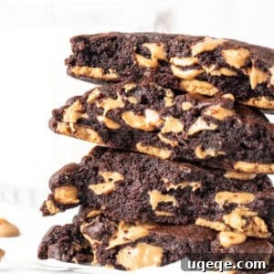 Stack of halves of dark chocolate peanut butter chip cookies.