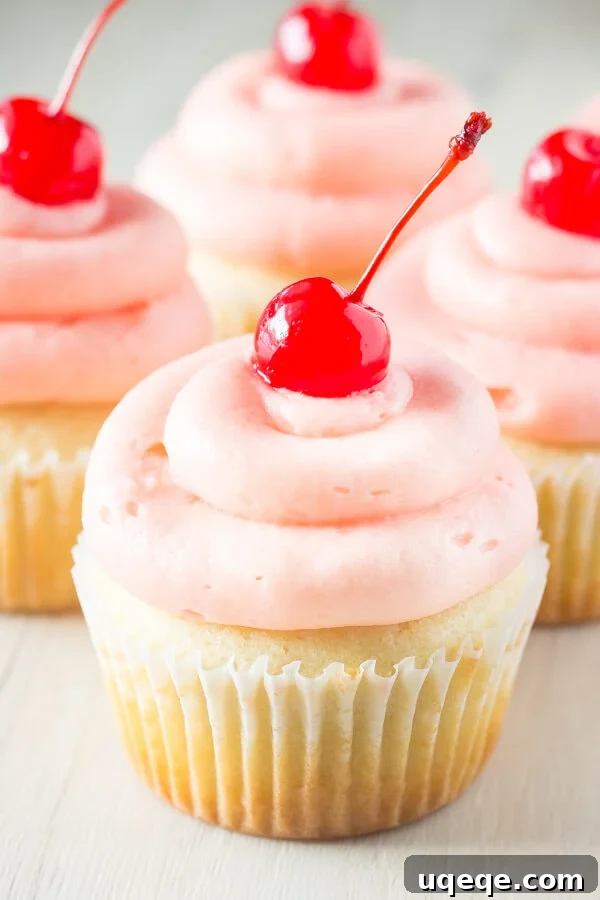 Delicious Cherry Almond Cupcakes, generously frosted with creamy, pink maraschino cherry buttercream and garnished with a single cherry on top, ready to be enjoyed.
