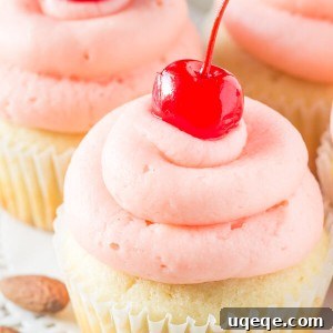 Cherry Almond Cupcakes with bright pink frosting and a cherry on top.