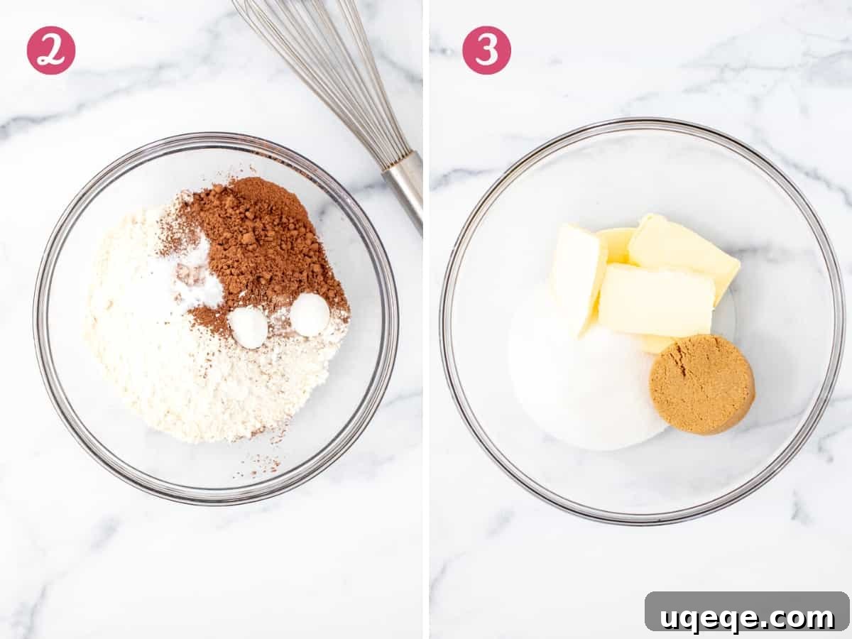 Decadent Red Velvet Cookie Cake 3 Bowl of dry ingredients and bowl of butter and sugars.