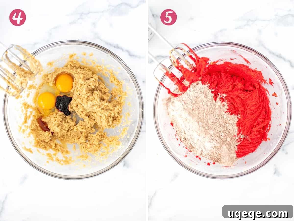 Decadent Red Velvet Cookie Cake 4 Bowl of butter and sugar mixture with eggs and food coloring and bowl of red cookie dough with dry ingredients added in