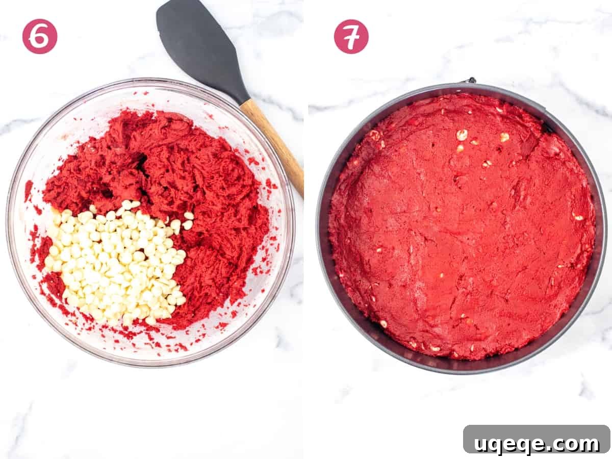 Decadent Red Velvet Cookie Cake 5 Bowl of red velvet cookie dough with white chocolate chips and cookie dough spread flat into 9-inch springform pan