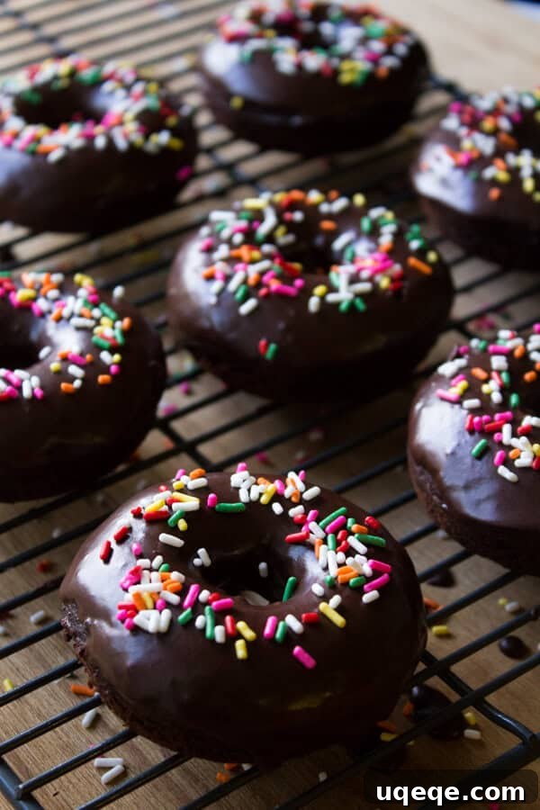 Homemade double chocolate doughnuts with chocolate glaze and sprinkles on a wire cooling rack.