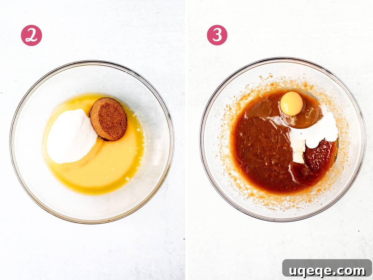 Two bowls: one showing melted butter and sugars, the other showing the mixture after egg, milk, and corn syrup have been added, creating a smooth, glossy base.