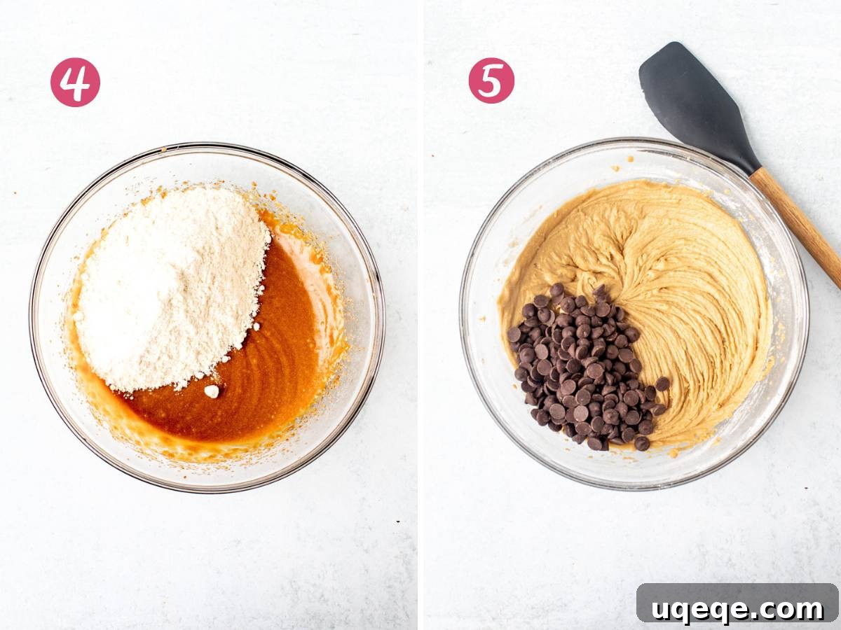 Two bowls: one displaying cookie dough with dry ingredients added, and the other showing the final dough with chocolate chips incorporated, ready for baking.