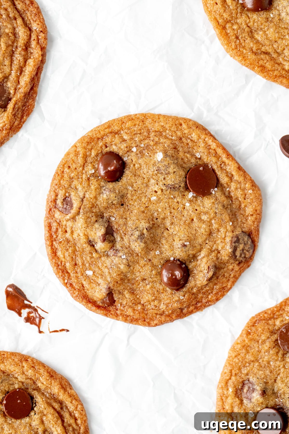 A single paper-thin chocolate chip cookie resting on baking paper, showcasing its delicate crispness.