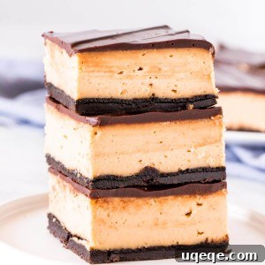 Stack of 3 peanut butter cheesecake bars with Oreo crust and chocolate topping.