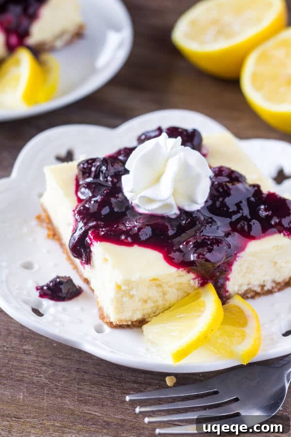 Lemon Blueberry Cheesecake Delights 2 Lemon Blueberry Cheesecake Squares: Smooth and creamy lemon cheesecake with a graham cracker crust and vibrant blueberry sauce, perfect for spring gatherings.