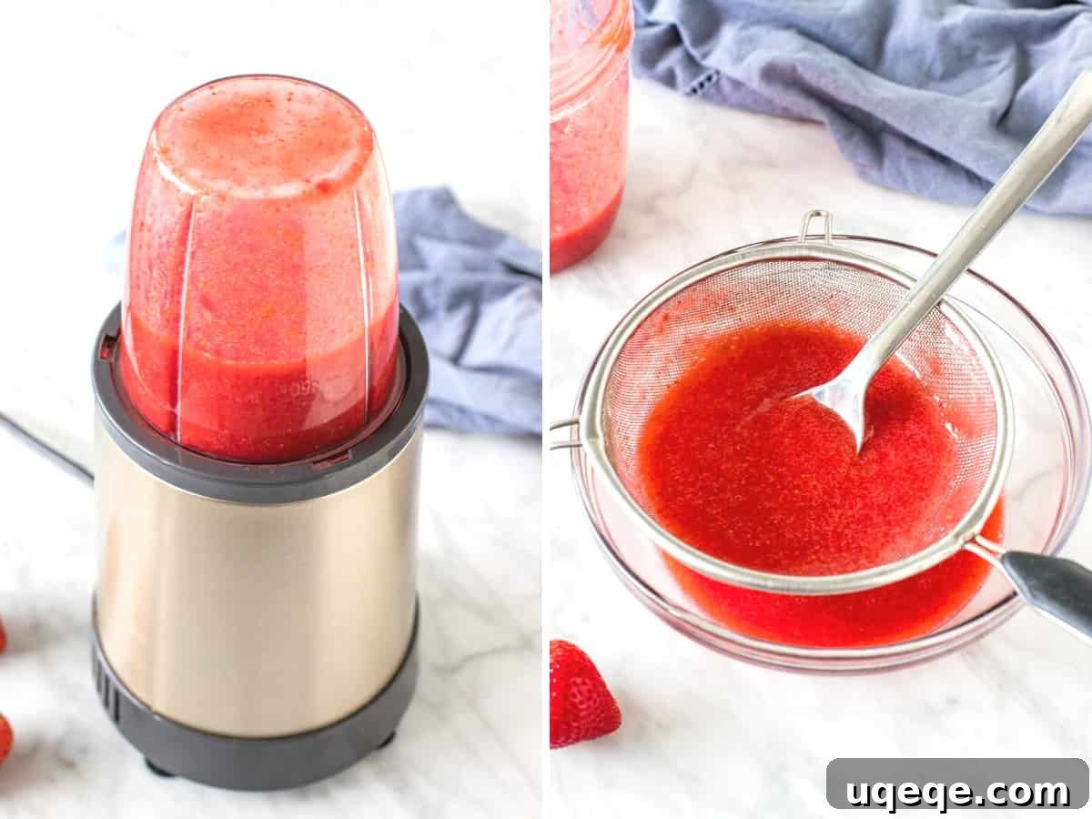 Strawberry Buttercream Delight: Crafted with Fresh or Frozen Berries 4 Process of making strawberry puree: whole strawberries, pureed berries in a blender, and puree being strained through a sieve into a glass bowl.