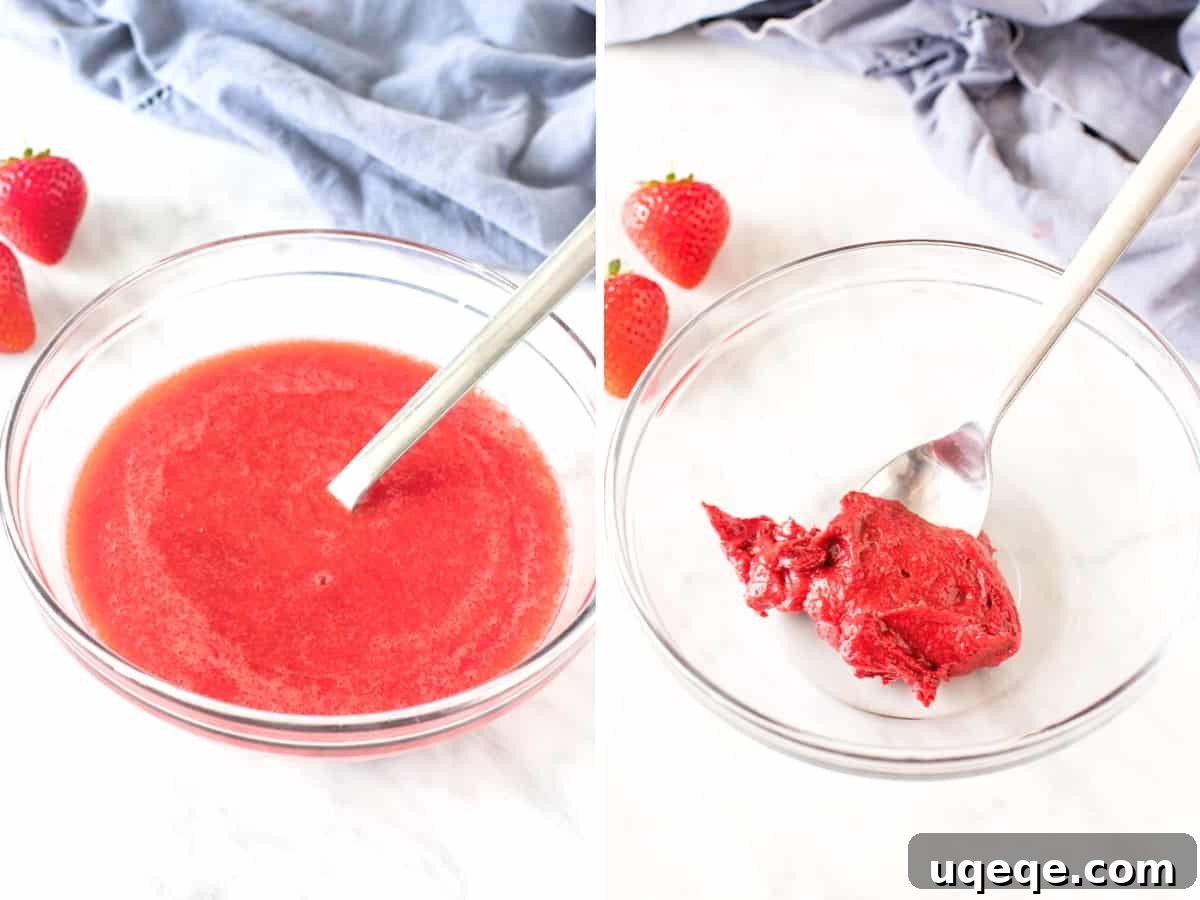 Strawberry Buttercream Delight: Crafted with Fresh or Frozen Berries 5 Comparison of a bowl of fresh strawberry puree versus a bowl of significantly reduced, concentrated strawberry puree, showing the color and volume change.