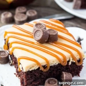 Decadent Chocolate Caramel Dream 7 Chocolate Cake with Caramel Frosting. A rich, fudgy, super moist chocolate cake slathered with caramel frosting and a drizzle of caramel sauce. www.justsotasty.com