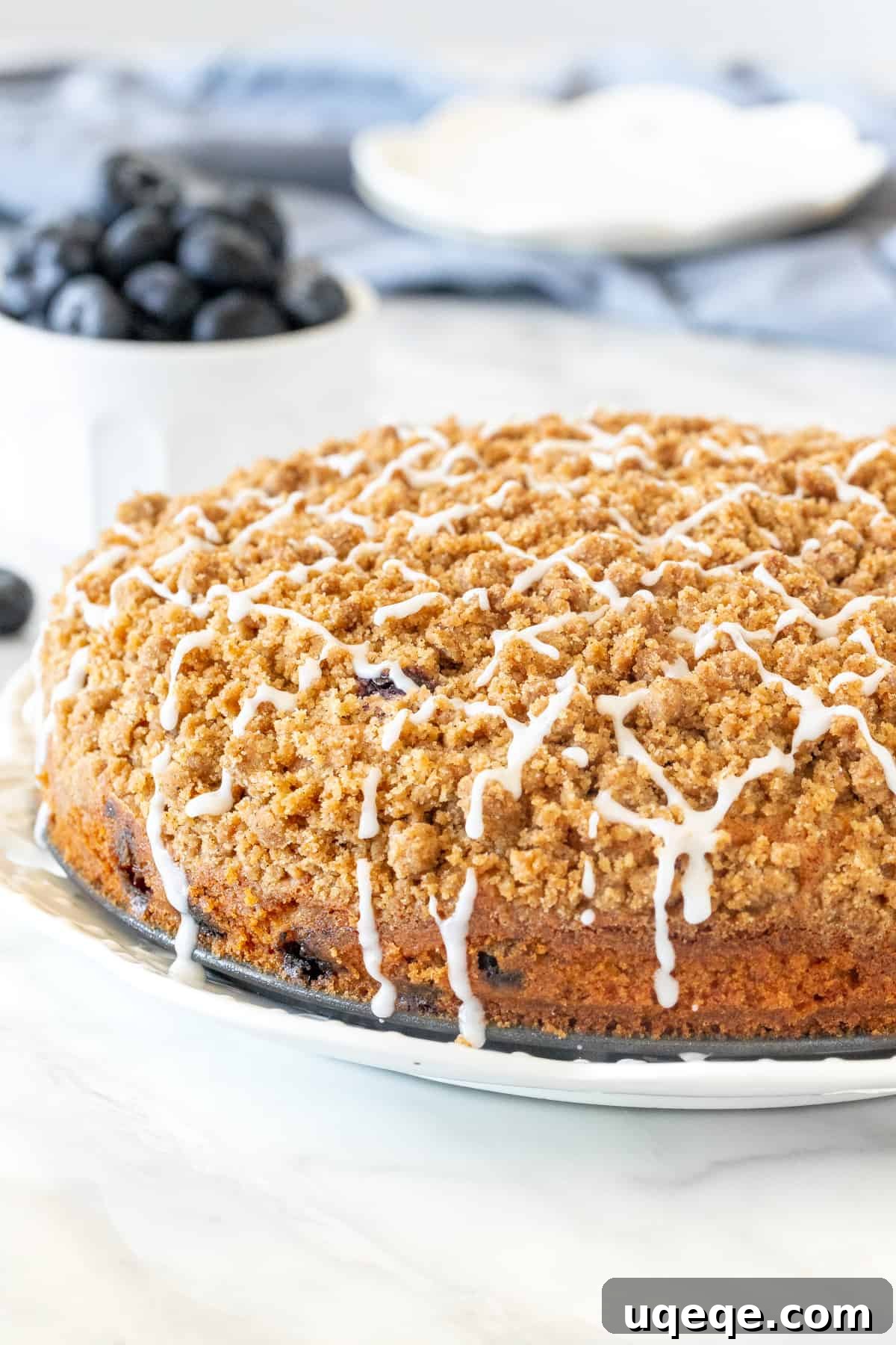 Blueberry coffee cake with streusel topping and a drizzle of glaze