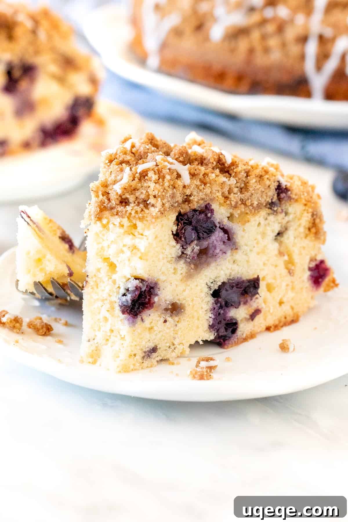 Slice of blueberry cake with cinnamon streusel on top with bite taken out of it