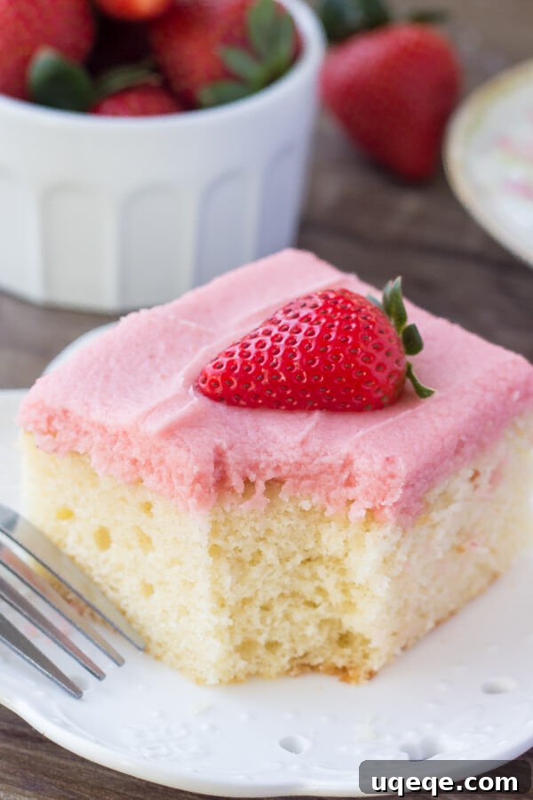Strawberry Swirl Vanilla Dream 4 Full view of the vanilla cake with fresh strawberry frosting, presented beautifully on a plate, showcasing its soft texture and inviting pink color. Ready to be enjoyed.