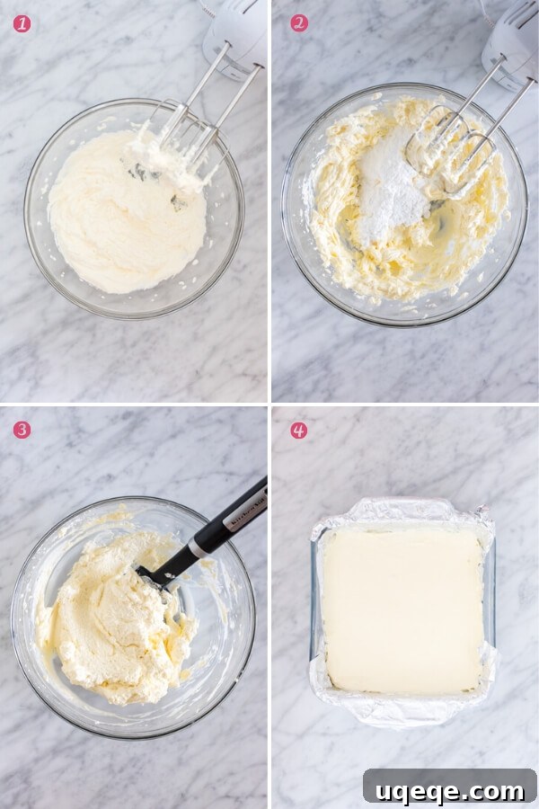 Luscious Chilled Cherry Bars 4 Four step-by-step images illustrating the process of making the creamy no-bake cheesecake filling, from whipping cream to folding it into the cream cheese mixture and spreading it over the crust.