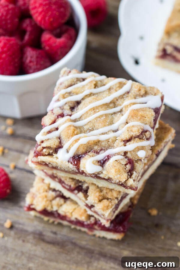 Sweet-Tart Raspberry Crumble Bars 3 Close-up of Raspberry Crumble Bars, showcasing the shortbread base, juicy raspberry filling, and crunchy crumble topping. Recipe from justsotasty.com