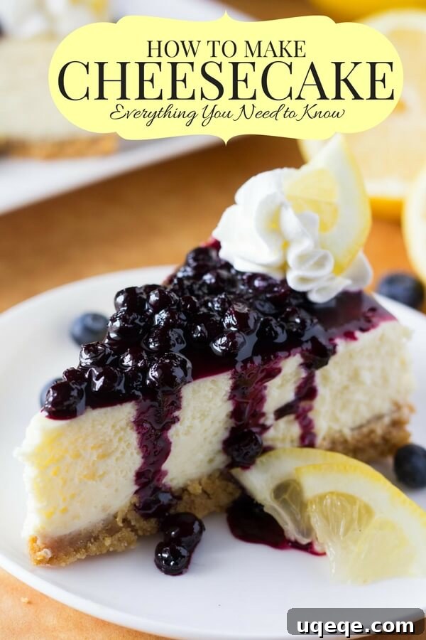 The Ultimate Guide to Perfect Cheesecake 2 Slice of lemon cheesecake with blueberry sauce, perfectly creamy and inviting.