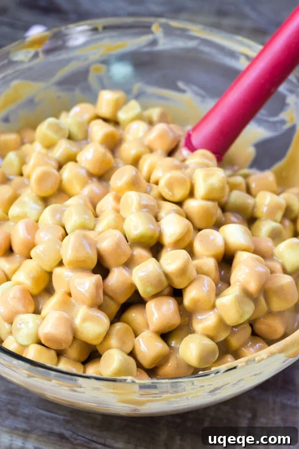Speckled Peanut Butter Marshmallow Delights 3 Confetti Square batter, a smooth mixture of melted butter, peanut butter, and butterscotch chips, rests in a large mixing bowl, ready for marshmallows to be folded in, with a red spatula beside it.