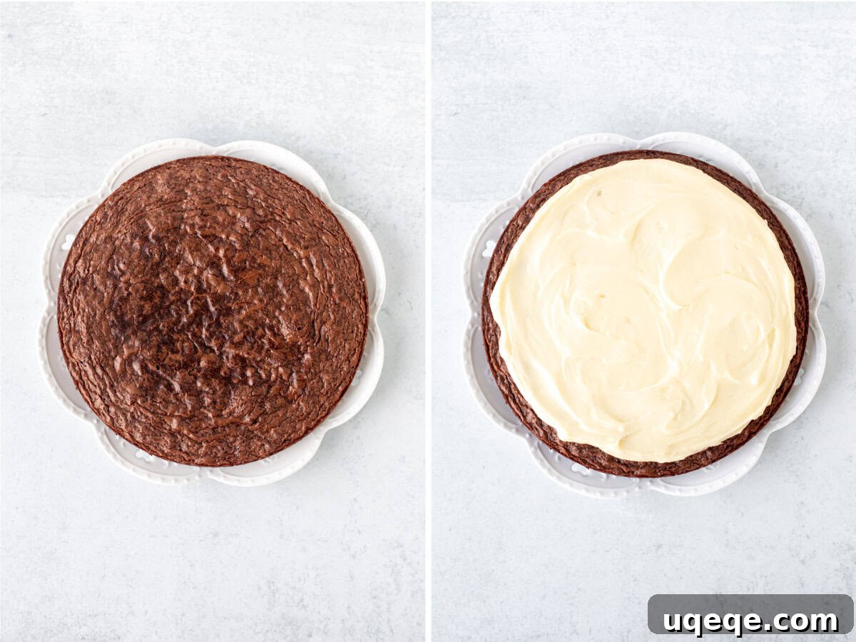 Fudge Brownie Fruit Pizza 5 Round brownie on a white plate, and chocolate brownie on a white plate with cream cheese frosting