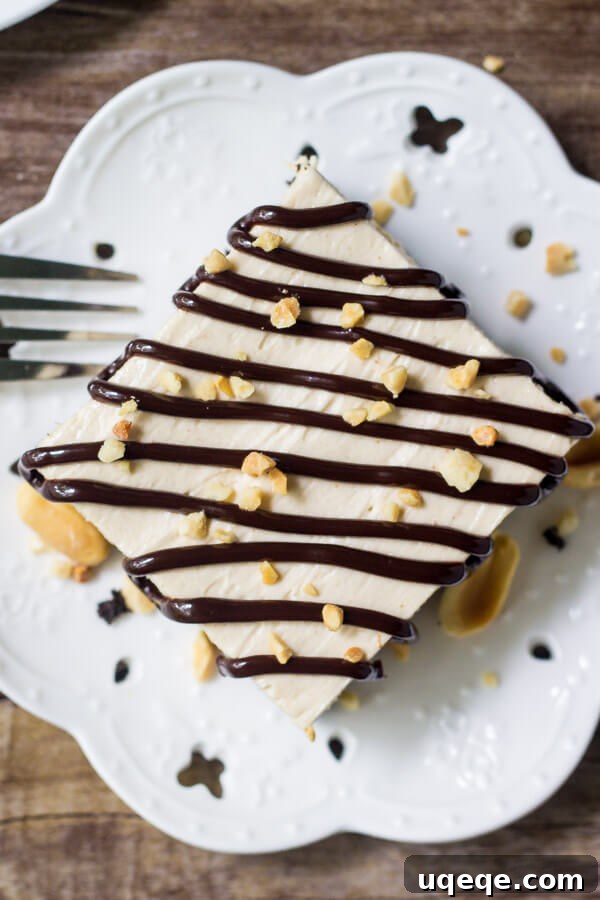 Peanut Butter Crunch Drumstick Ice Cream Cake 3 An overhead shot showcasing the entire peanut butter ice cream drumstick cake, beautifully drizzled with luscious chocolate sauce and adorned with finely chopped peanuts, presented on a pristine white plate.