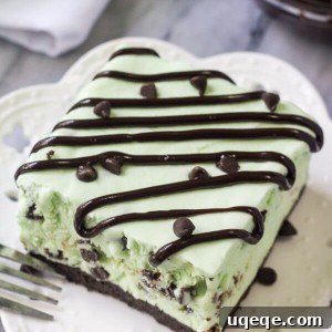 Overhead side angle shot of a slice of mint chip ice cream cake drizzled with fudge sauce. White napkin in the background