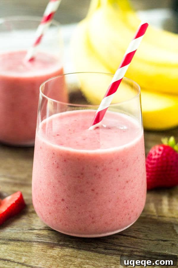 Thick and creamy strawberry banana smoothie, made with only 3 ingredients for a healthy breakfast or snack.